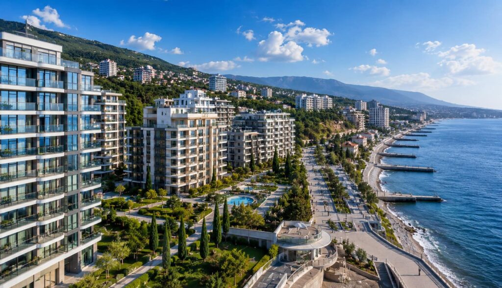 Современные жилые комплексы и новостройки Алушты на первой береговой линии с видом на Чёрное море